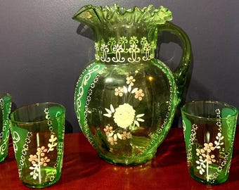 Green Depression Glass Lemonade Pitcher with 4 Glasses.  Hand Painted/Enameled in a Floral Design.