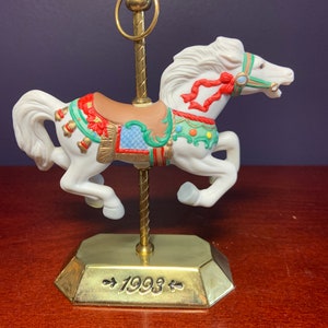 Vintage Carousel signed by Tobin Fraley 1993.  5 1/2” tall Brass Base and Pole, Porcelain Horse