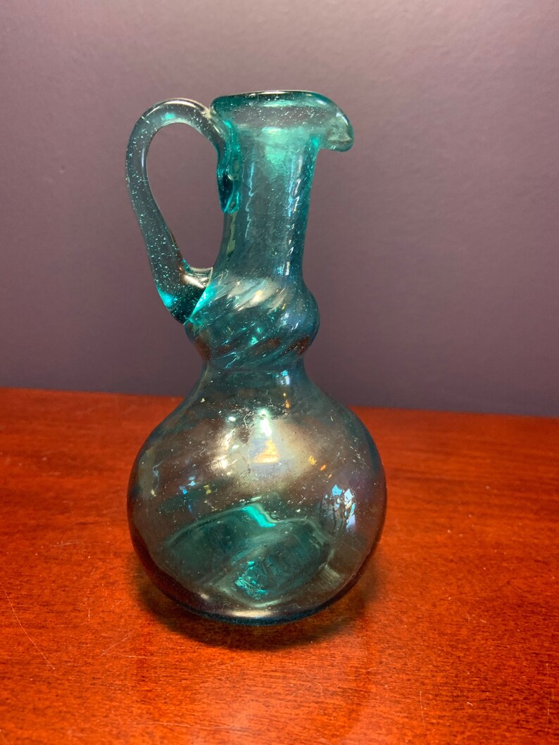 Vintage Aqua Blue Depression Glass Cruet With Diagonal Swirls. No
