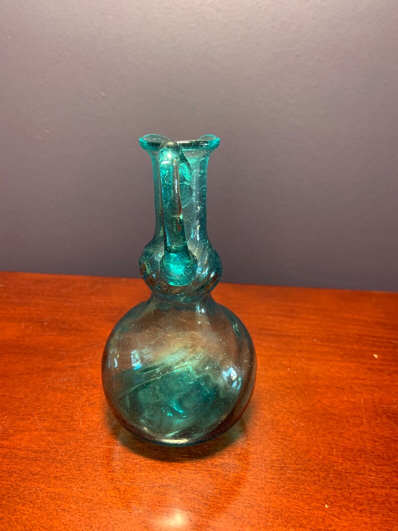 Vintage Aqua Blue Depression Glass Cruet With Diagonal Swirls. No