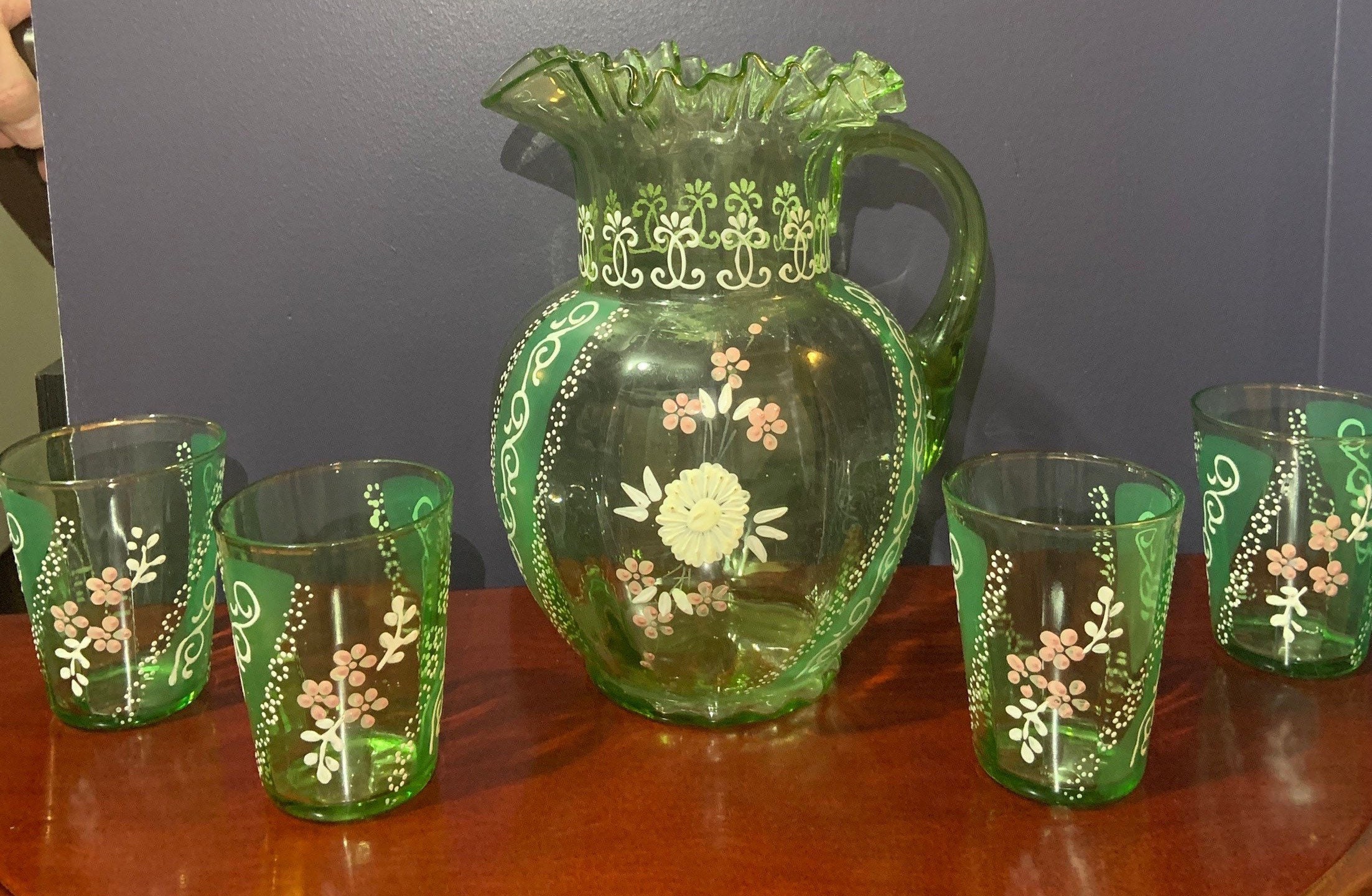 VINTAGE GREEN GLASS PITCHERS - Privet House Supply