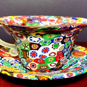 Vintage Art Glass Murano Millefiori Quilt Teacup and Saucer with original label.