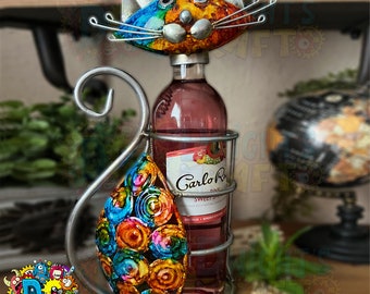 Colorful metal cat wine bottle holder, whimsical kitty bottle holder