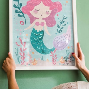 Decoración de pared para guardería de sirena, descarga digital, colgante de pared para habitación de niños pequeños, vida marina, decoración artística para niños, póster