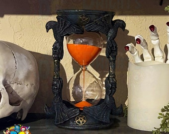 Raven skeleton sand timer, hourglass, Gothic Vampiric undertones, elegant yet creepy, Halloween decor