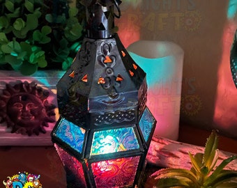 Stained glass lantern, tea light or battery candles use, home decor, old world look