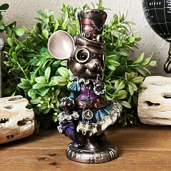 Steampunk mouse figurine, statue, cute and whimsical, parasol, top hat, fancy dress and boots