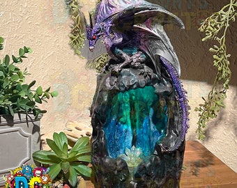 Dragon incense cone back flow burner, sits atop a cave, home decor, aromatherapy, LED multi color,