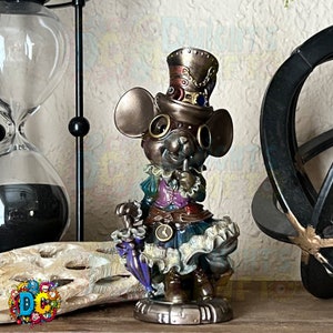 Steampunk Mouse Figurine: Hand-Painted Bronze Patina, Top Hat & Parasol