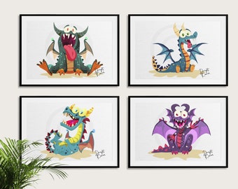 Wacky Dragon Monsters digital download art prints, cute toddler room, playroom, dentist and doctor office decor, wall hangings, posters