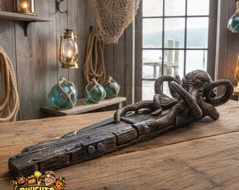 May include: A dark brown, textured sculpture of an octopus resting on a weathered, wooden plank-like base. The octopus features detailed suckers on its tentacles, which are wrapped around the surface of the elongated, rectangular wooden piece.