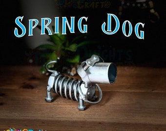 Spring dog metal figurine, made of nuts and bolts, statue, cute and whimsical, metal art, nik nak