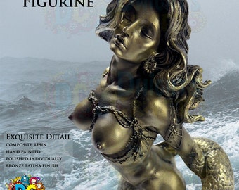 Bronze Patina Mermaid Figurine: Hand-Painted Siren Statue