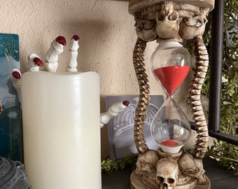 Skeleton sand timer, skull hourglass, kitchen utensil, Halloween and Gothic decor,