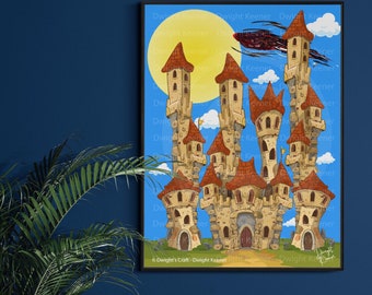 Cartoon medieval castle wall art, digital download, illustration, children’s decor, wall hanging, poster