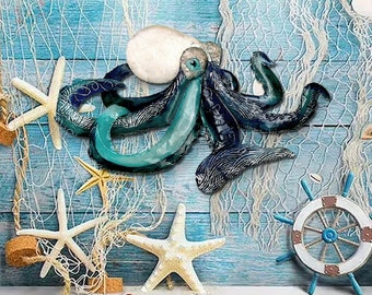 Octopus metal wall hanging, colorful home decor or office, a kraken deep sea ocean life feeling.
