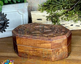 Wooden trinket jewelry box, Wiccan witch or wizard, distressed look, intricate detail, Celtic and pentagram markings
