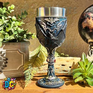 Vampire bat goblet, fancy scroll work with pentagram / pentacle on chalice