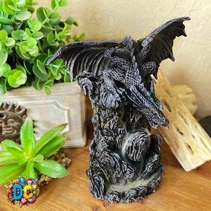 Dragon backflow incense cone burner, medieval serpent is perched upon rock tower, home decor, aromatherapy, cascading waterfall effect