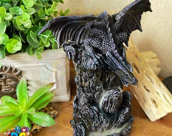 Dragon backflow incense cone burner, medieval serpent is perched upon rock tower, home decor, aromatherapy, cascading waterfall effect