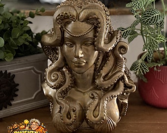 Cecaelia Sea Witch Bust – Warm Antique Kraken finish Goddess Statue – Nautical Decor