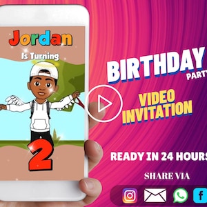 May include: A smartphone displays a birthday video invitation. The cartoon features a young person wearing a white hoodie and a baseball cap, with the number 2. Text includes "Jordan Is Turning" and "Birthday Party Video Invitation."