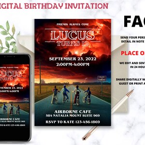 May include: Digital birthday invitation for a boy named Lucas turning 12. The invitation features a Stranger Things theme with a red sky, a road, and four kids riding bikes. The text reads "Friends Always Come Lucas Turns 12 September 23, 2022 2:00PM-4:00PM Airborne Cafe 584 Natalia Mount Suite 969 RSVP to Kate 123-456-1869".