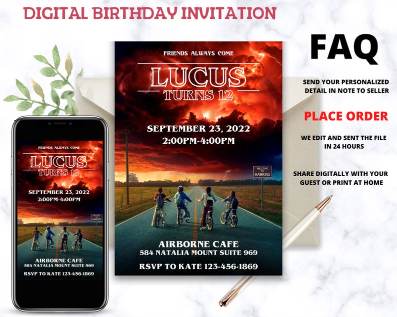 May include: Digital birthday invitation for a boy named Lucas turning 12. The invitation features a Stranger Things theme with a red sky, a road, and four kids riding bikes. The text reads "Friends Always Come Lucas Turns 12 September 23, 2022 2:00PM-4:00PM Airborne Cafe 584 Natalia Mount Suite 969 RSVP to Kate 123-456-1869".