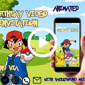 Może przedstawiać: Animowane zaproszenie wideo na urodziny z postaciami z Pokemon&oacute;w. Wideo przedstawia Pikachu, Asha i Meowtha. Zaproszenie zawiera napis "Do zobaczenia tam" i przycisk odtwarzania. Wyślij za pośrednictwem Facebooka, Messengera, Instagrama, WhatsApp lub poczty elektronicznej. Z muzyką w tle.