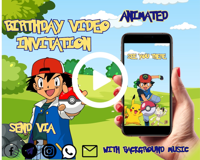 Może przedstawiać: Animowane zaproszenie wideo na urodziny z postaciami z Pokemon&oacute;w. Wideo przedstawia Pikachu, Asha i Meowtha. Zaproszenie zawiera napis "Do zobaczenia tam" i przycisk odtwarzania. Wyślij za pośrednictwem Facebooka, Messengera, Instagrama, WhatsApp lub poczty elektronicznej. Z muzyką w tle.