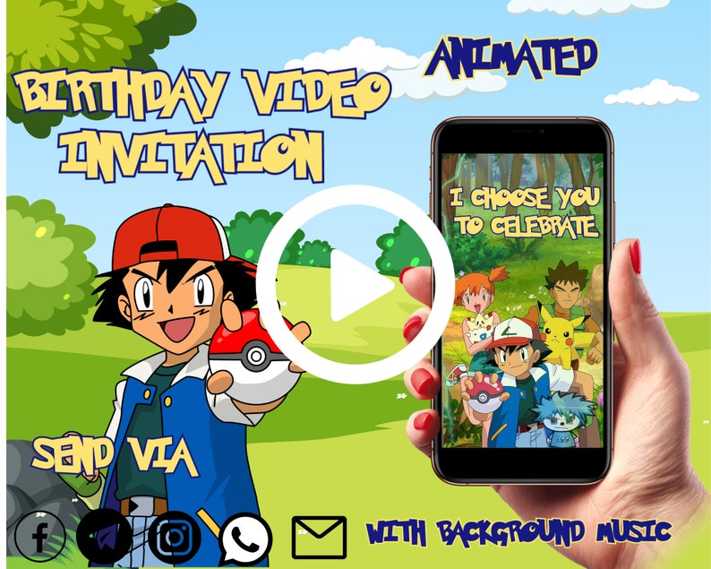 Może przedstawiać: Animowane zaproszenie na wideo urodzinowe z postacią z kresk&oacute;wki z franczyzy Pokemon. Wideo zawiera tekst "Wybieram ciebie, aby świętować".