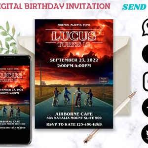 May include: Digital birthday invitation for a boy named Lucas turning 12. The invitation features a Stranger Things theme with a red sky, a road, and four boys riding bikes. The text reads "Friends Always Come Lucas Turns 12 September 23, 2022 2:00PM-4:00PM Airborne Cafe 584 Natalia Mount Suite 969 RSVP to Kate 123-456-1869".