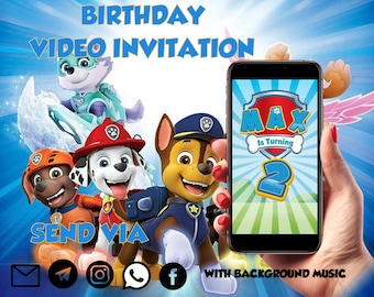 Invitation vidéo d'anniversaire de patte, invitation vidéo numérique de patte, invitation vidéo personnalisée de patte, evites de patrouille