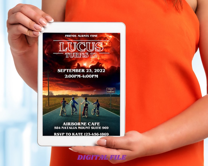 May include: Digital invitation for a 12th birthday party with a Stranger Things theme. The invitation features a red and orange sunset sky with lightning, a road with four figures riding bikes, and the text "FRIENDS ALWAYS COME LUCUS TURNS 12 SEPTEMBER 23, 2022 2:00PM-4:00PM AIRBORNE CAFE 584 NATALIA MOUNT SUITE 969 RSVP TO KATE 123-456-1869".