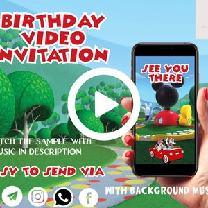 May include: A smartphone screen displaying a cartoon video invitation with Mickey Mouse and Minnie Mouse characters. The text on the screen reads "See You There". The video invitation is for a birthday party.