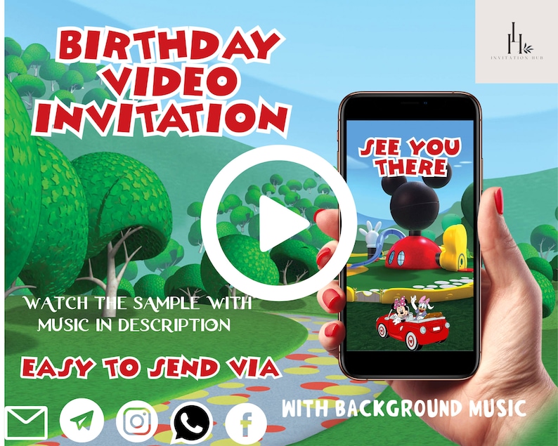 May include: A smartphone screen displaying a cartoon video invitation with Mickey Mouse and Minnie Mouse characters. The text on the screen reads "See You There". The video invitation is for a birthday party.