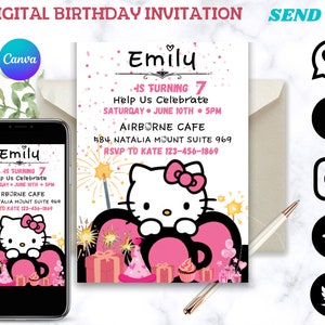 Invitation d'anniversaire de Kitty modifiable, carte d'anniversaire personnalisée de Kitty, invitation d'anniversaire modifiable