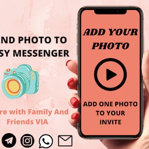 May include: A smartphone screen with a pink background and the text "ADD YOUR PHOTO" in black. A play button icon is below the text. Below the icon is the text "ADD ONE PHOTO TO YOUR INVITE". The phone is being held by a hand with red nail polish.