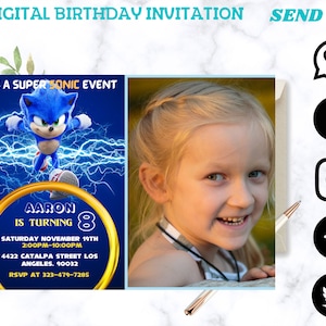 Gepersonaliseerde Sonic the Hedgehog, digitale uitnodiging delen met familie en vrienden, afdrukbaar, Sonic verjaardagsuitnodiging