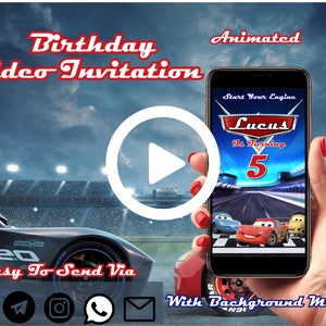Auto&#39;s Video Uitnodiging, bliksem McQueen Verjaardagsuitnodiging, Auto&#39;s Verjaardagsuitnodiging, Gepersonaliseerde Digitale video Uitnodiging