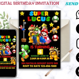 Convite de aniversário do Super Mario, convite digital, convite personalizado do Super Mario, cartão de aniversário do Super Mario