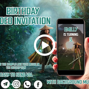 Op de afbeelding: Een digitale video-uitnodiging voor een verjaardagsfeestje. De uitnodiging toont een cartoonfiguur met een zwaard en een groene achtergrond. De tekst op de uitnodiging luidt "Emilly wordt 5 jaar".