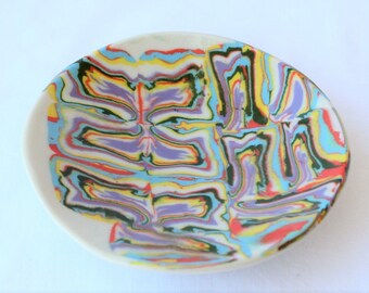 Original handmade signed by artist ceramic pottery Nerikomi multicolor patterns small plate unique