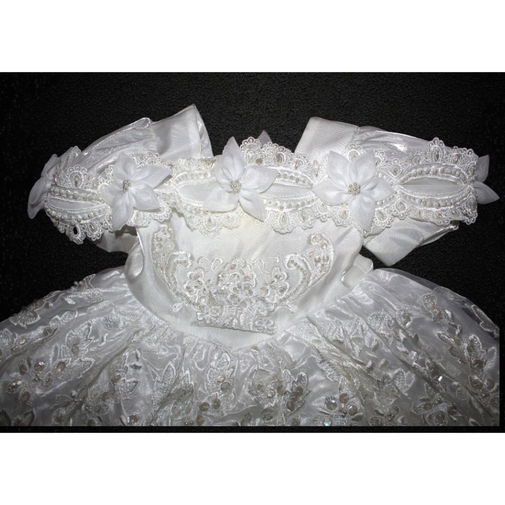 Vintage ANGELS Baptism Lace & Pearl White Embellished Girl Dress  display picture 1