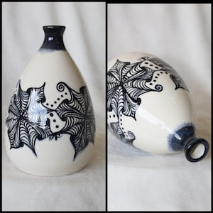 Porcelain ceramic decorative Bottle hand painted black zentangle flowers signed original art work