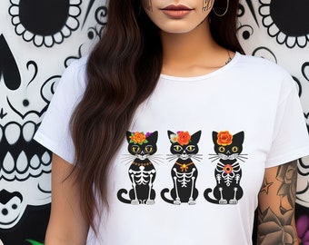 Flower Sugar Skull Black Cats tshirt, Dia De Los Muertos Halloween Top, Mexican Design La Catrina Flower Skeleton Cats Tee