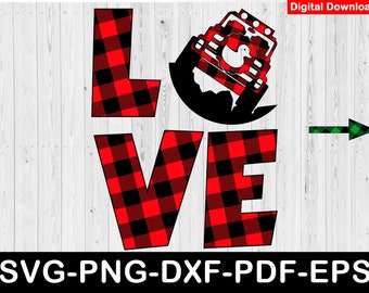 May include: Red and black buffalo plaid letters spelling "LOVE" with a black silhouette of a jeep with a duck on the hood in the center of the letters.