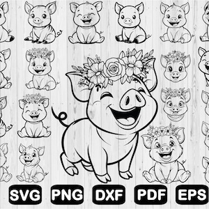 かわいい豚の SVG バンドル、子豚の SVG、花柄の豚の SVG、農場の動物の SVG、Cricut 用の SVG ファイル、クリップアート、カット ファイル、Png、SVG、DXF、Pdf、Eps