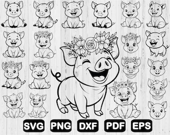 Niedliches Schwein-Svg-Bundle, Baby-Schwein-Svg, Blumen-Schwein-Svg, Bauernhof-Tier-Svg, SVG-Dateien für Cricut, Clipart, Schnittdateien, Png, svg, Dxf, Pdf, Eps