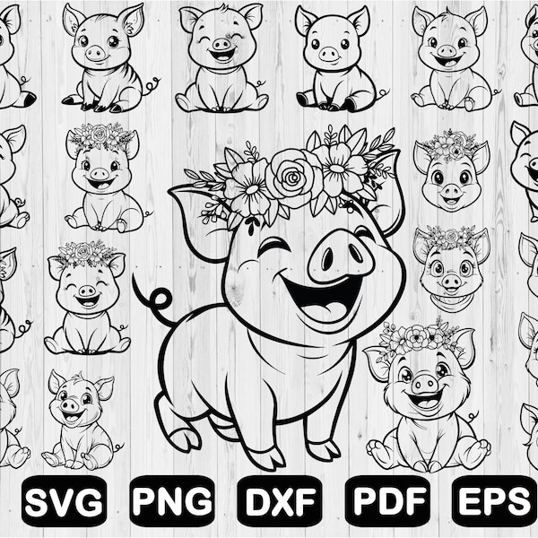 Niedliches Schwein-Svg-Bundle, Baby-Schwein-Svg, Blumen-Schwein-Svg, Bauernhof-Tier-Svg, SVG-Dateien für Cricut, Clipart, Schnittdateien, Png, svg, Dxf, Pdf, Eps